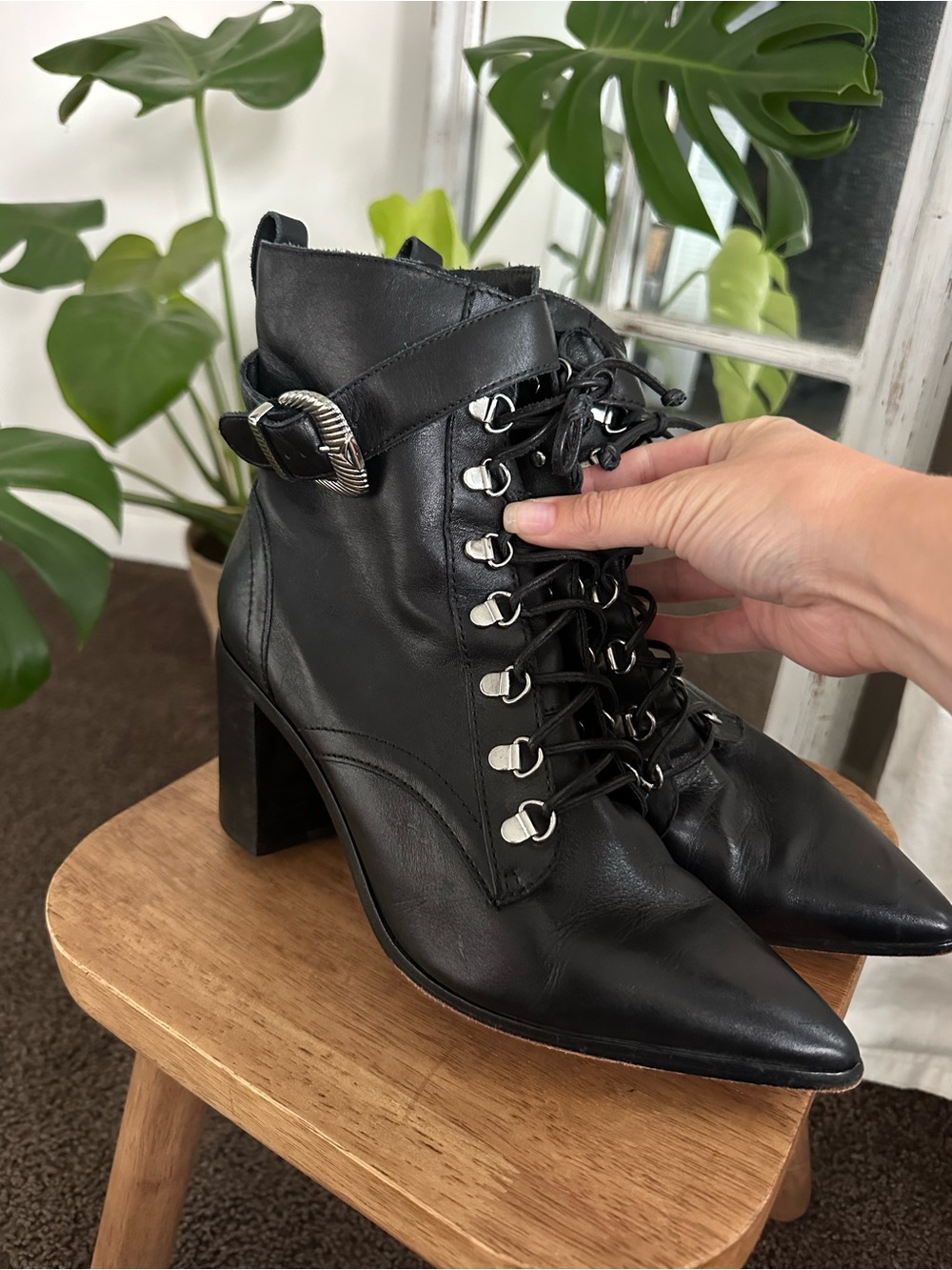 Schutz Black Leather Western Buckle Lace-Up Pointed Toe Heeled Booties 8.5